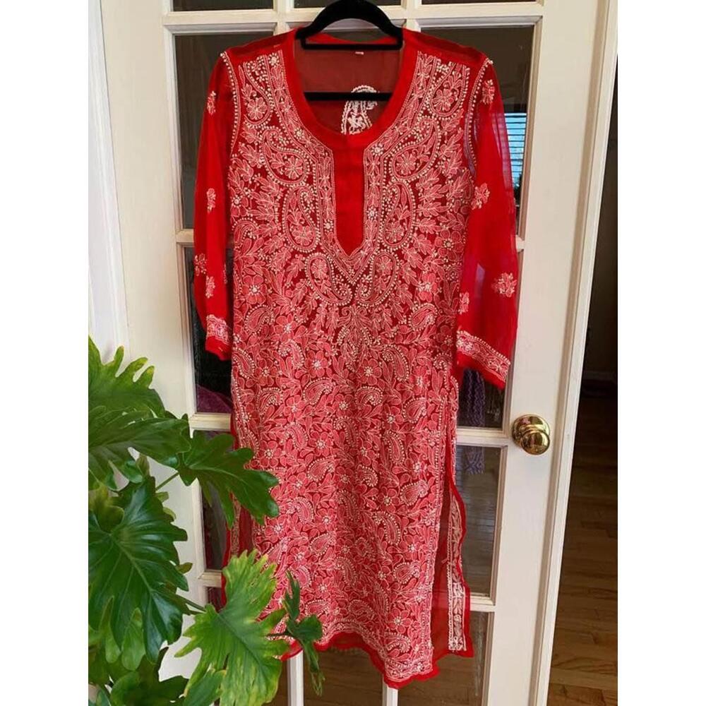 Red Chikankari Kurti